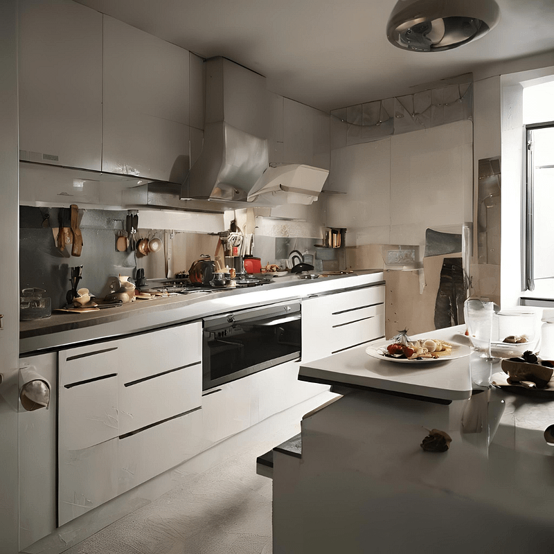Bright kitchen with large window and white decor